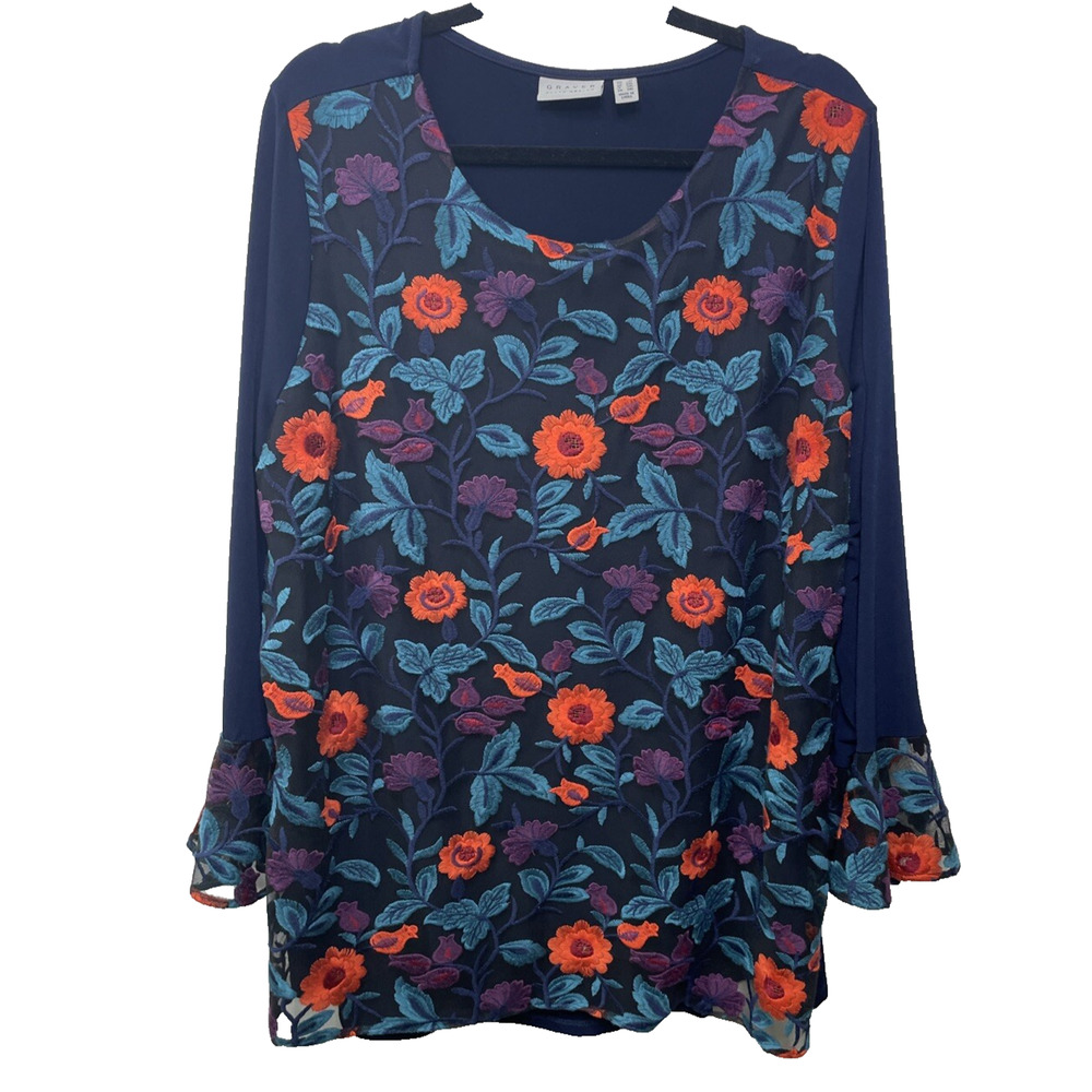 Susan Graver 2X Blue Top Floral‎ Stretch Blouse Embroider Bell Sleeve Dark Fairy